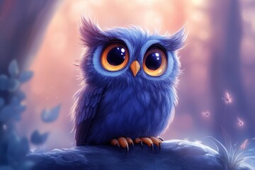 Fototapeta premium Charming blue owl with large eyes perched on a rock in a serene forest environment during twilight