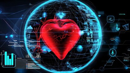 Global connections visualizing heart rate patterns with health technology icons in a digital landscape, globe of connections with icons over cardiograph on black background - Powered by Adobe
