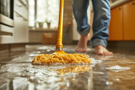 Barefoot housekeeper cleaning hardwood kitchen floor with yellow mop, creating sparkling sanitized living space