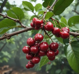 Obraz premium Fresh coffee cherries on the coffee plant branch, fruit, coffee bean, cherry