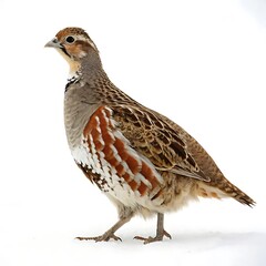 Fototapeta premium Stunning partridge bird walking with elegant posture and detailed feather patterns, set against a clean white backdrop