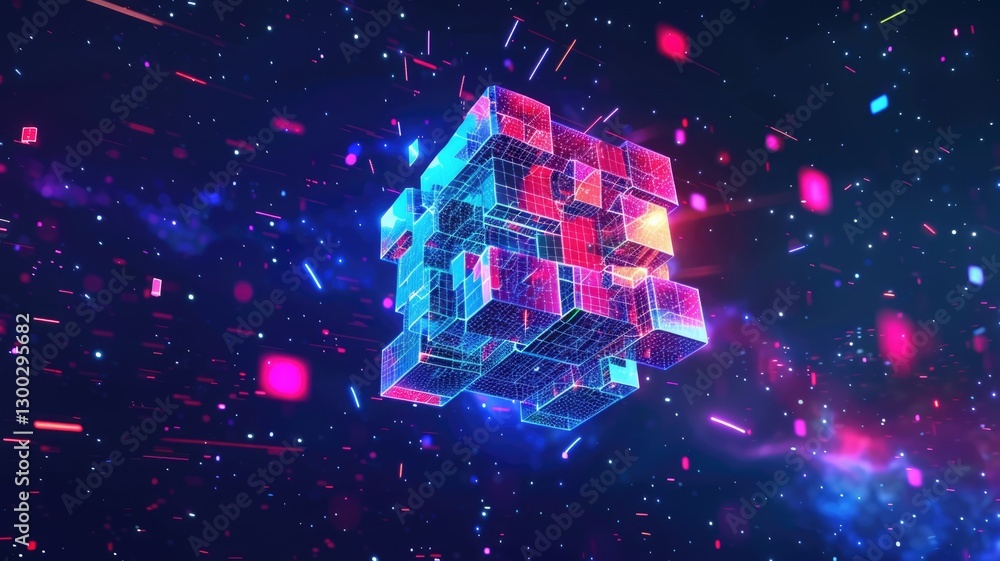 Aufkleber abstract chaotic and energetic of mixed digital style cube object, burst of colorful light pattern i