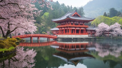 Serene Japanese Temple Surrounded by Blossoming Cherry Trees