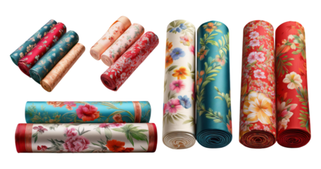 Colorful Floral Fabric Rolls for Craft Projects and Decoration, isolated on transparent background