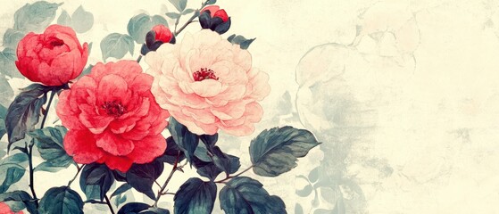 Delicate peony and camellia floral patterns overlaid on textured Japanese washi paper, creating a vintage look
