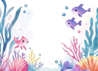 Fototapeta premium pastel watercolor mermaid-themed frame, empty space for text, seashells, starfish, and sea creatures border, perfect for invitations or decor