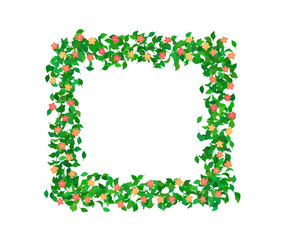 緑の葉っぱと花の四角フレーム　春　カラフル