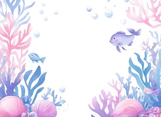 Fototapeta premium pastel watercolor mermaid-themed frame, empty space for text, seashells, starfish, and sea creatures border, perfect for invitations or decor