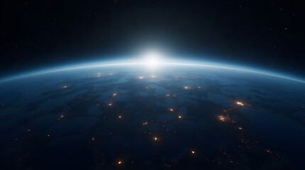 Fototapeta premium Breathtaking Earth Sunrise From Space - City Lights Illuminate Blue Planet at Dawn Horizon View from Orbiting Spacecraft. Dramatic Celestial World Vista