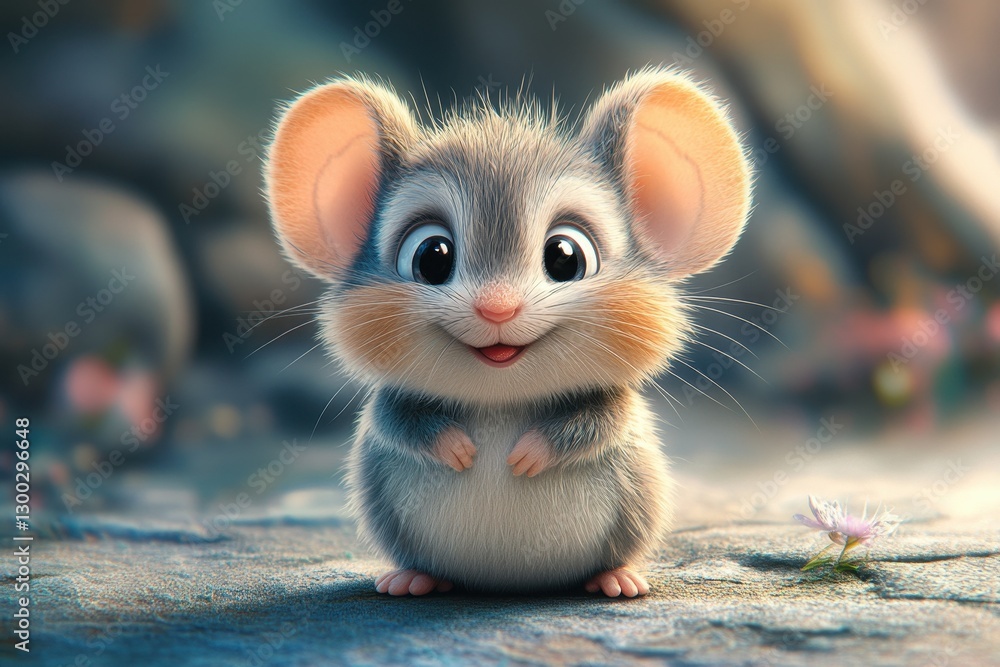 Poster Cute little mouse standing on a rock in a serene outdoor setting with soft sunlight filtering through the trees