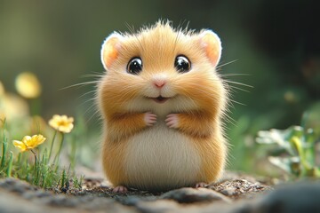 Cute small hamster with big eyes sitting among flowers in a forest setting during daylight