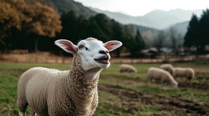 Fototapeta premium A cheerful sheep playfully sticking out its tongue while grazing in a lush pasture, capturing the essence of rural life and the joy of simple moments in nature.