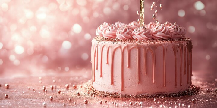 Beautiful pink cake with delicate frosting and shiny decoration is being adorned with a golden syrup drizzle at a festive celebration