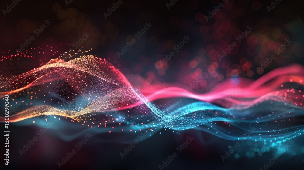 Poster dynamic digital wave with blue and orange light particles. digital art for design with glowing orang