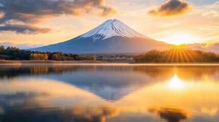 Majestic Mount Fuji at Sunrise with Reflection in Tranquil Water
