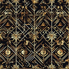 Opulent Art Deco Elegance: Seamless Pattern with Gold Lines and Diamond Motifs on Dark Background
