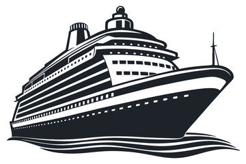 A black and white drawing of a cruise ship in the ocean