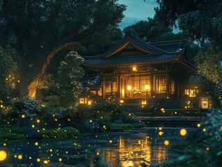 Obraz premium Serene Night View of a Traditional Japanese House Surrounded by Fireflies