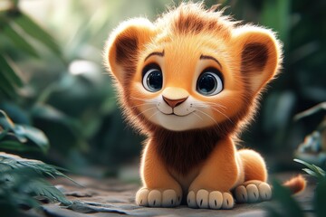 Obraz premium Cute cartoon baby lion sitting in a lush green jungle surrounded by foliage during daylight