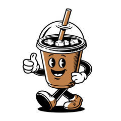 Cartoon iced coffee cup character with straw in vector retro groovy style