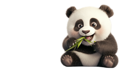 A joyful chubby panda munching on bamboo, featuring lifelike fur details and an endearing, playful expression