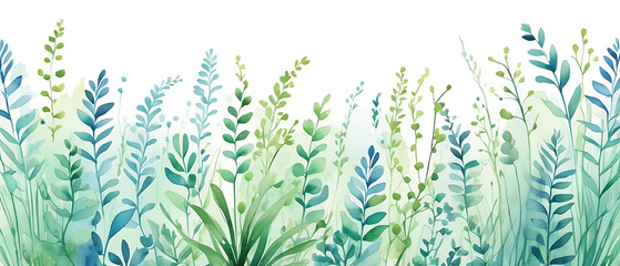 Obraz premium Watercolor Green and Blue Plants Border on White Background Illustration