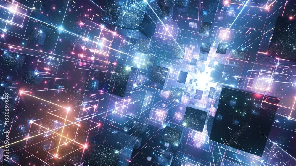 Poster a cube with a galaxy inside on a starry background. digital artwork of starry cube surrounded with s