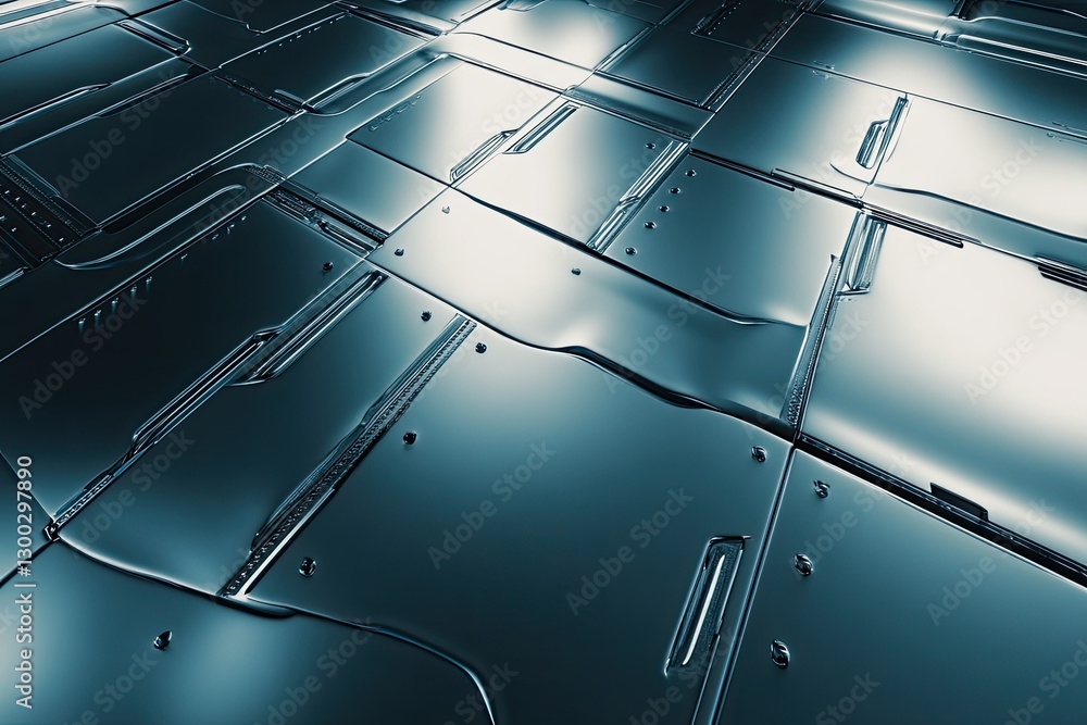 Poster abstract teal metallic surface with geometric patterns and industrial design elements