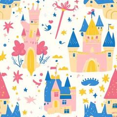Enchanting Fairy Tale Seamless Pattern with Castles, Princesses, and Magical Wands for Magical Designs