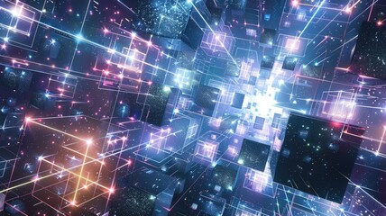 Obraz premium A cube with a galaxy inside on a starry background. Digital artwork of starry cube surrounded with space and glowing star. Cosmic and surreal concept. Fantasy universe and nebula design. AIG53.