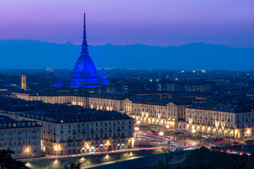 Naklejka premium Torino landscape with the iconic Mole Antonelliana and the Intesa Sanpaolo skyscraper.