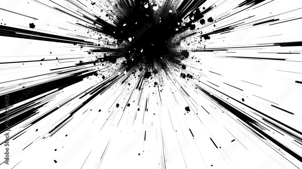 Poster abstract black and white digital lines converging towards the center. digital artwork of black color