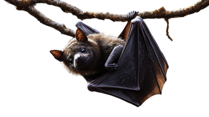 A bat hanging upside down from a tree branch, with its wings tightly wrapped around its body. The image is isolated on a transparent background to emphasize the bat's unique pose.