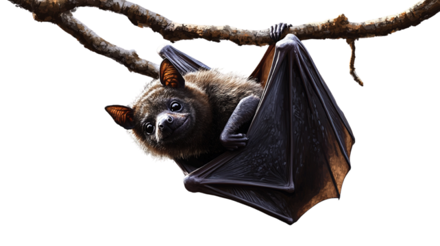 A bat hanging upside down from a tree branch, with its wings tightly wrapped around its body. The image is isolated on a transparent background to emphasize the bat's unique pose. - Powered by Adobe
