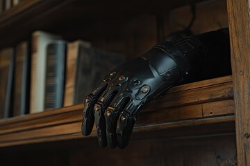 A Futuristic Black Robotic Hand Resting on a Wooden Bookshelf