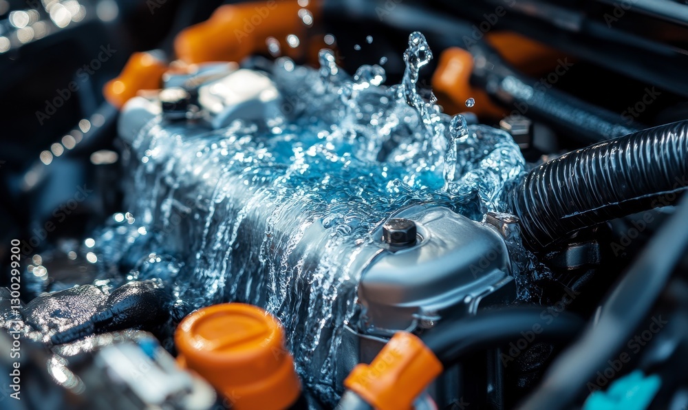 Poster water cascading over vehicle engine components in a dynamic display.