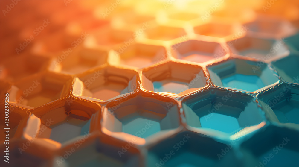Poster vibrant orange to blue gradient 3d hexagonal honeycomb macro texture
