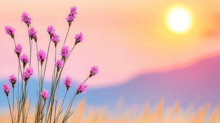 Naklejka premium Pink Wildflowers Against Warm Sunset Sky with Soft Colors and Beautiful Landscape Background