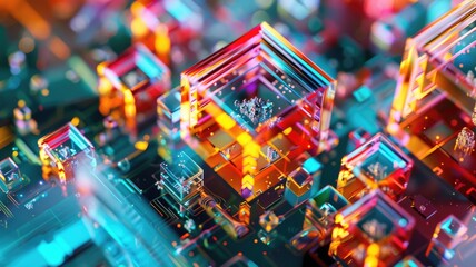 3D rendering of various shape off glass prism on a dark background. Macro photograph of transparent shapes with vibrant neon light reflection in texture. Technology and innovation concept. AIG53.