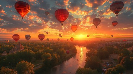 Naklejka premium Breathtaking Aerial View of Hot Air Balloons at Sunrise Over Scenic River Valley