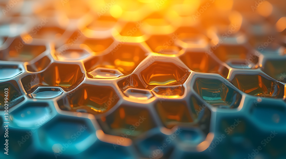 Poster vibrant orange blue hexagonal pattern - shiny reflective close up texture - abstract honeycomb cells