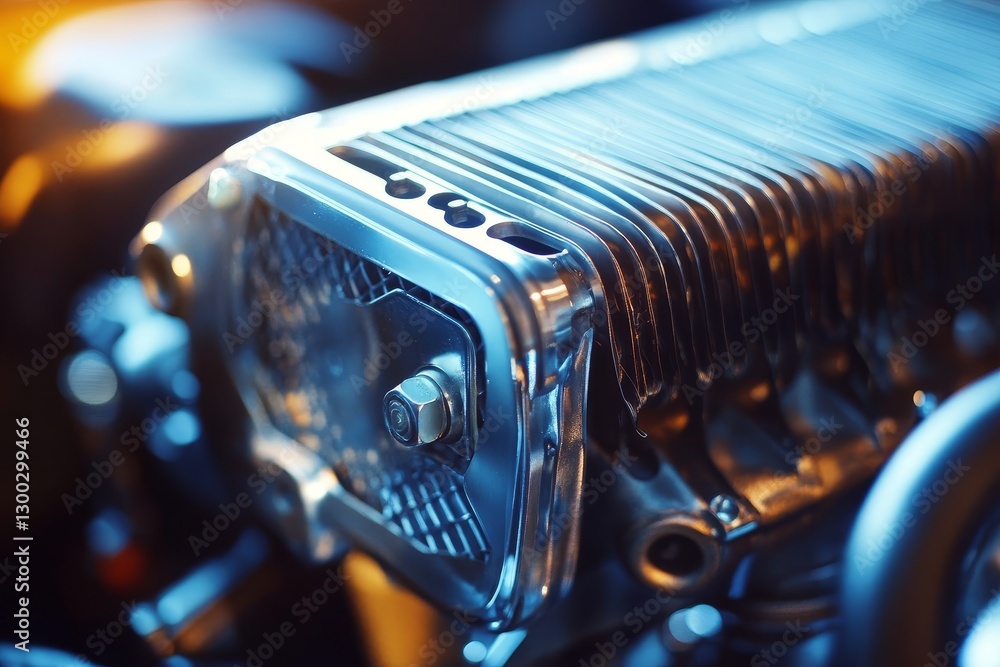 Poster shiny engine component with complex design close up detail.