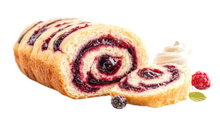 A fluffy, homemade jam roll filled with mixed berry jam, sliced neatly to reveal the swirl, isolated on a transparent background, with a hint of cream beside it
