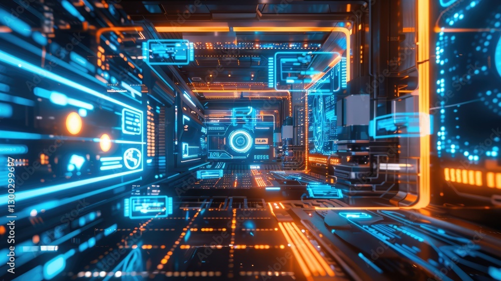 Poster futuristic glowing data center interior with holographic displays. digital art for design of enginee