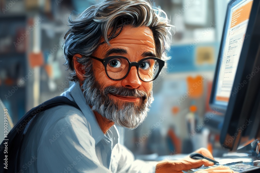 Poster professional man with glasses smiling while working at a computer in a cozy office environment durin