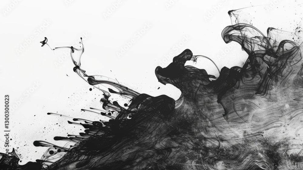 Poster abstract black ink swirls on a white background. digital art for design of black ink chinese brushst