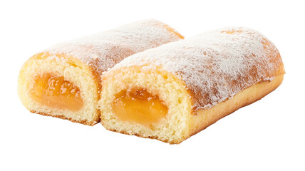 A delicate peach jam roll with a light sponge cake and a generous filling of peach jam, isolated on a transparent background, showcasing its smooth texture.