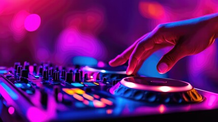 Vibrant DJ Mixing Set Illuminated by Colorful Neon Lights in a Nightclub
