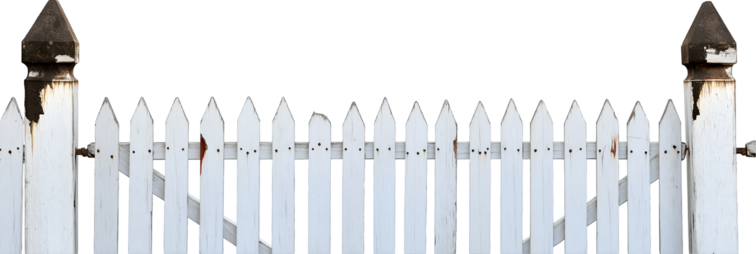 White Picket Fence with Gate Isolated on transparent or white background Detail