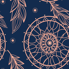 Elegant seamless pattern showcasing a deep indigo mandala with intricate hand-drawn copper accents, creating a sophisticated and bohemian aesthetic ideal for high-end textiles and decorative prints.
